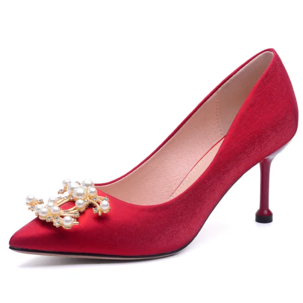 Chinese style Red Pearl Wedding Shoes 2020 Rhinestone 8 cm Stiletto Heels Pointed Toe Wedding Pumps