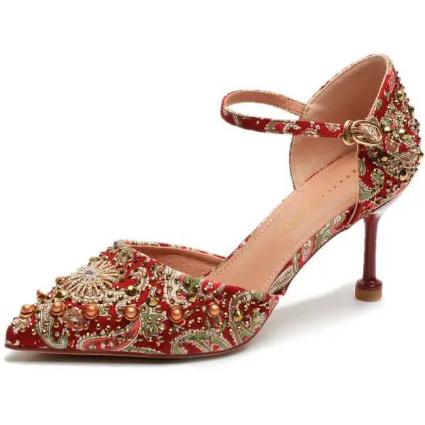 Schick Chinesischer Stil Rot Brautschuhe 2020 Knöchelriemen Perle Strass 8 cm Stilettos Spitzschuh Hochzeit Hochhackige