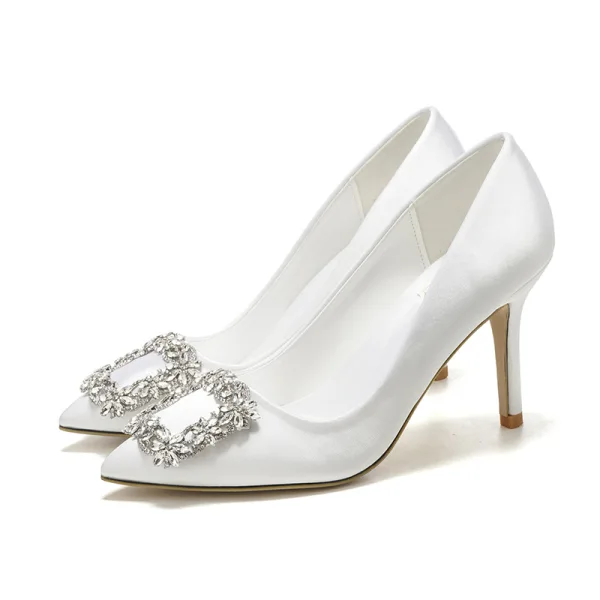 Classy Ivory Rhinestone Wedding Shoes 2020 Satin 9 cm Stiletto Heels Pointed Toe Wedding Pumps