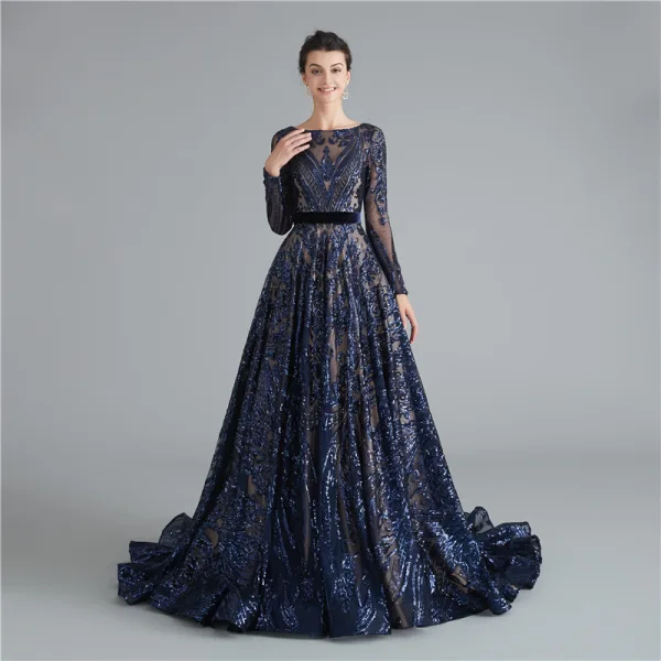 Sparkly Dark Green Sequins Evening Dresses Prom Dresses 2021 A-Line / Princess Sash Scoop Neck Long Sleeve Backless Floor-Length / Long Evening Party Prom Formal Dresses
