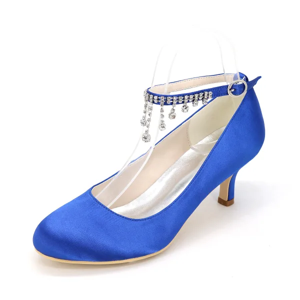 Stijlvolle Witte Bruidsschoenen 2020 Satijn Rhinestone Enkelband 6 cm Naaldhakken / Stiletto Spitse Neus Huwelijk Pumps