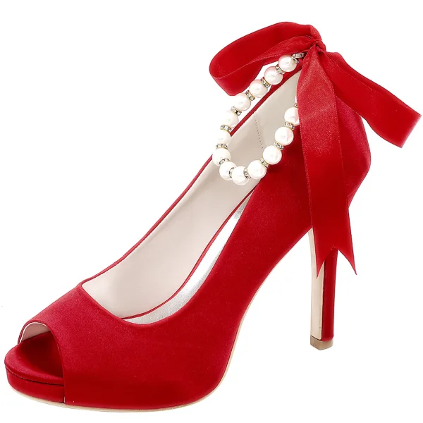 Edles Champagner Abend Satin Pumps 2020 Schleife Perle Knöchelriemen 11 cm Stilettos Peeptoes Pumps