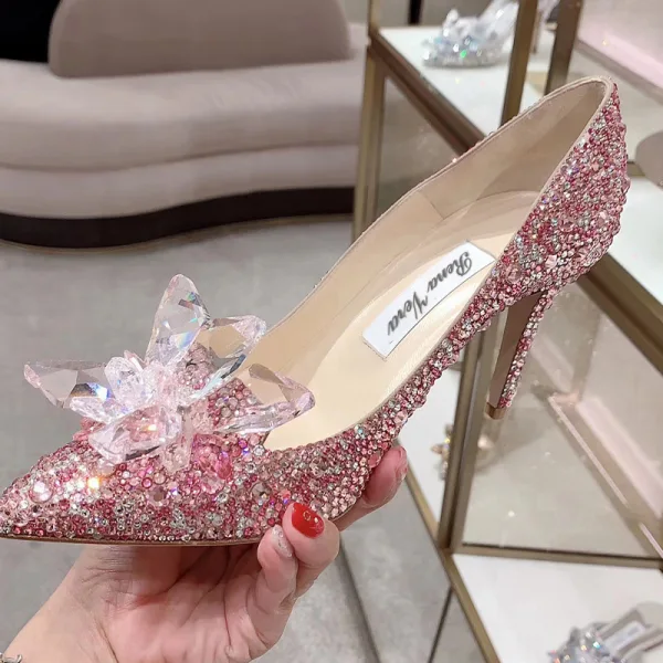 Charming Champagne Evening Party Crystal Pumps 2020 Rhinestone 7 cm Stiletto Heels Pointed Toe Pumps