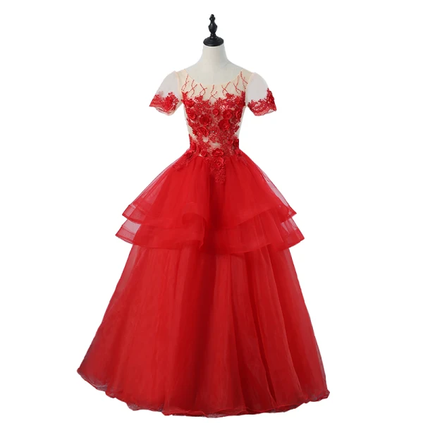Élégant Rouge Robe De Bal 2020 Robe Boule Encolure Dégagée Perlage Faux Diamant Appliques En Dentelle Fleur Manches Courtes Dos Nu Longue Promo Robe De Ceremonie