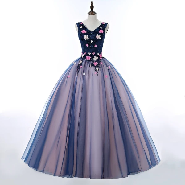 Traditional Navy Blue Prom Dresses 2020 Ball Gown V-Neck Beading Appliques Lace Flower Sleeveless Backless Floor-Length / Long Formal Dresses