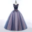 Traditional Navy Blue Prom Dresses 2020 Ball Gown V-Neck Beading Appliques Lace Flower Sleeveless Backless Floor-Length / Long Formal Dresses