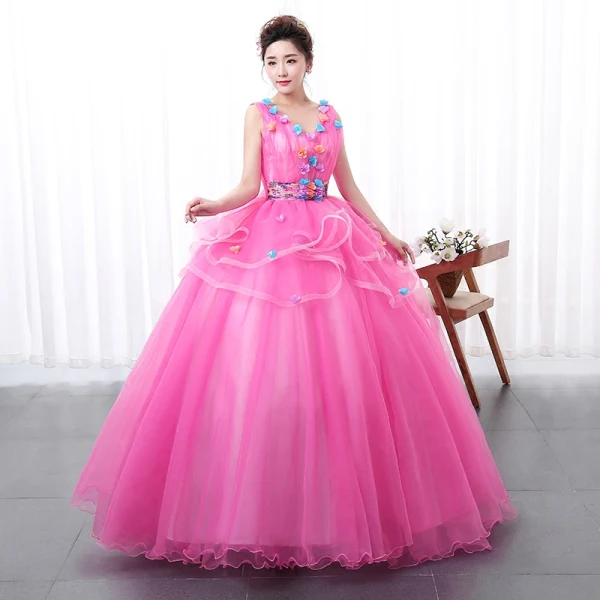 Flower Fairy Fuchsia Prom Dresses 2020 Ball Gown V-Neck Appliques Sleeveless Backless Floor-Length / Long Formal Dresses