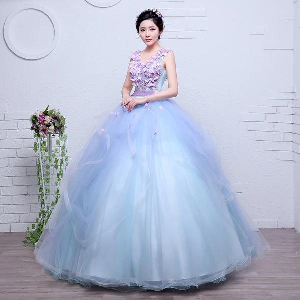 Charming Flower Fairy Sky Blue Prom Dresses 2020 Ball Gown V-Neck Pearl Lace Flower Appliques Sleeveless Backless Cascading Ruffles Floor-Length / Long
