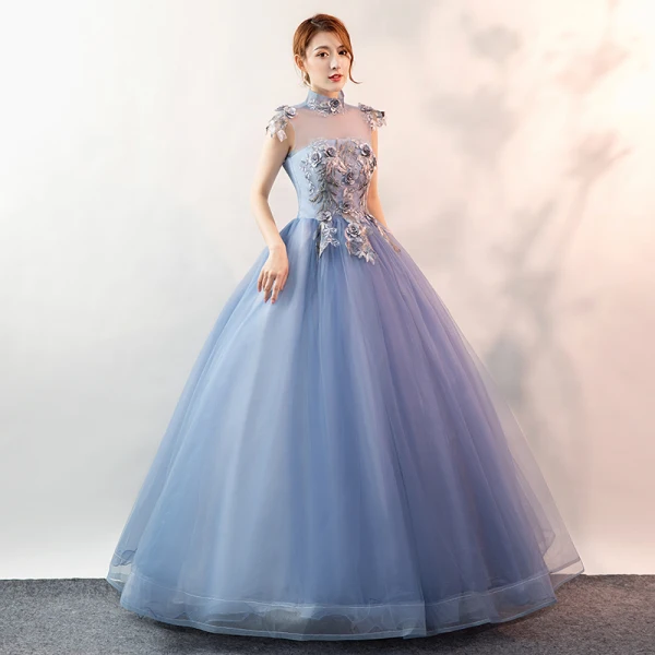 Élégant Bleu Ciel Robe De Bal 2020 Robe Boule Col Haut Perle En Dentelle Fleur Sans Manches Dos Nu Longue Robe De Ceremonie