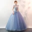 Élégant Bleu Ciel Robe De Bal 2020 Robe Boule Col Haut Perle En Dentelle Fleur Sans Manches Dos Nu Longue Robe De Ceremonie