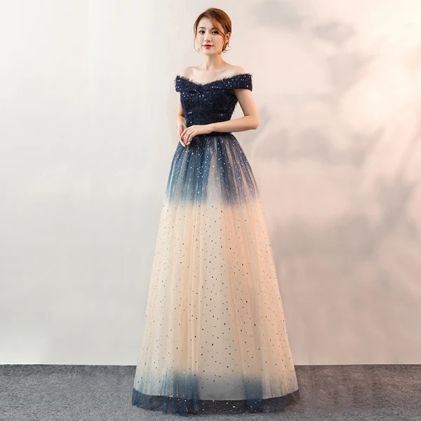 Fashion Gradient-Color Navy Blue Evening Dresses 2020 A-Line / Princess Off-The-Shoulder Lace Sequins Sleeveless Backless Floor-Length / Long Formal Dresses