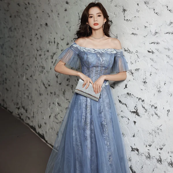 black and blue dress guy Elegant Long Blue Lace Satin Mother of the Bride Dresses with Jacket main image 1