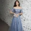 Charming Sky Blue Evening Dresses  Prom Dresses 2021 A-Line / Princess Off-The-Shoulder Glitter Sequins Short Sleeve Backless Floor-Length / Long Evening Party Prom Formal Dresses