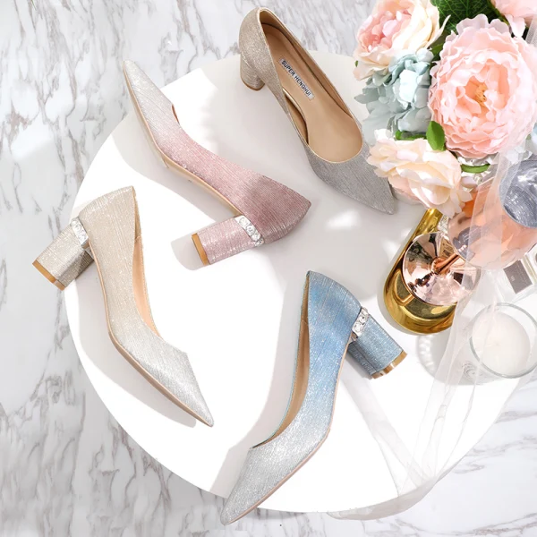 Bling Bling Farbverlauf Gold Brautschuhe 2020 Glanz Pailletten 6 cm Thick Heels Spitzschuh Hochzeit Pumps