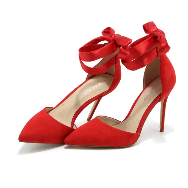 Stijlvolle Zwarte Avond Leer Sandalen Dames 2020 Suede Enkelband Strik 10 cm Naaldhakken / Stiletto Spitse Neus Sandalen