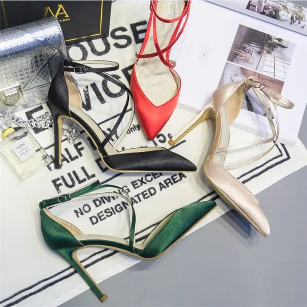 Modest / Simple Black Casual Leather Womens Shoes 2020 Satin Ankle Strap X-Strap 10 cm Stiletto Heels Pointed Toe Heels
