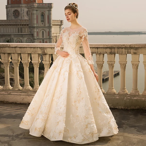 Luxury / Gorgeous Ivory Wedding Dresses 2018 Ball Gown Beading Appliques Lace Pearl Sequins Scoop Neck Backless 3/4 Sleeve Floor-Length / Long Wedding