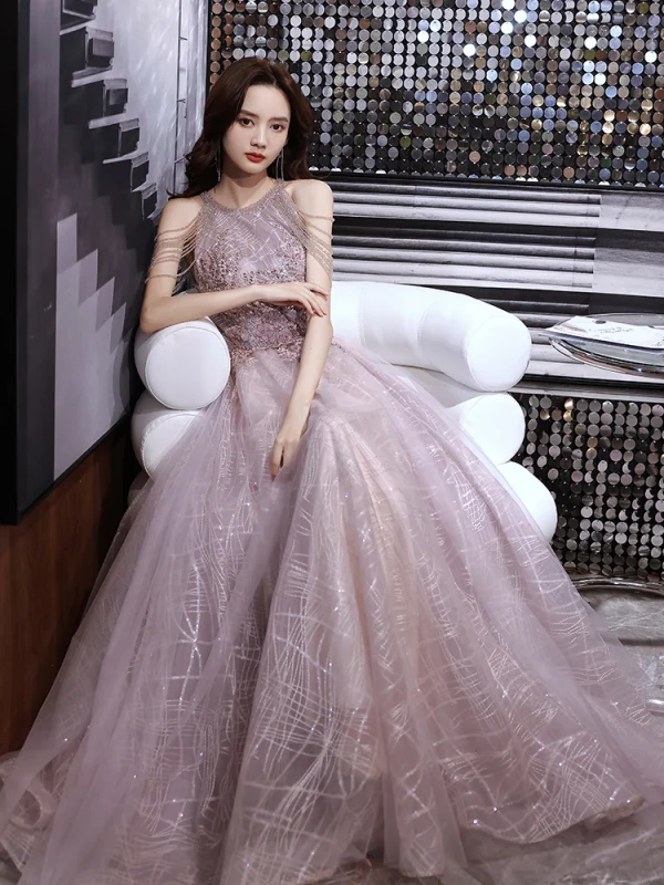 Charming Sexy Purple Beading Evening Dresses  Prom Dresses 2021 A-Line / Princess Scoop Neck Pearl Rhinestone Sequins Lace Flower Sleeveless Backless Floor-Length / Long Formal Dresses