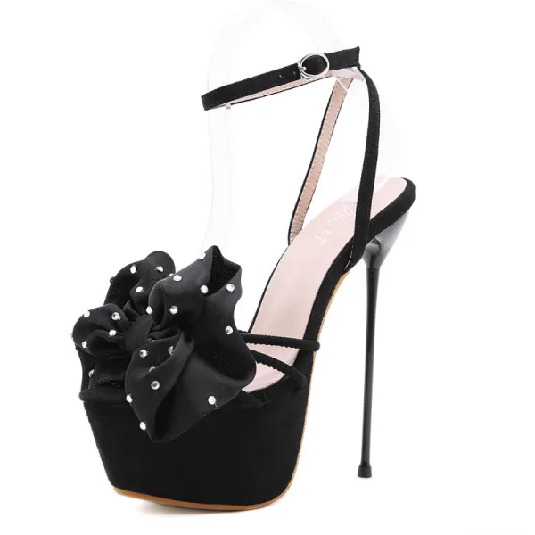 Sexy Noire Club de carnaval Faux Diamant Noeud Sandales Femme 2021 16 cm Talons Aiguilles Bride Cheville Peep Toes / Bout Ouvert Sandales Talons Hauts