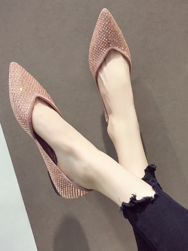 Prisvärd Nude Casual Rhinestone Platt Damskor 2020 Spetsiga