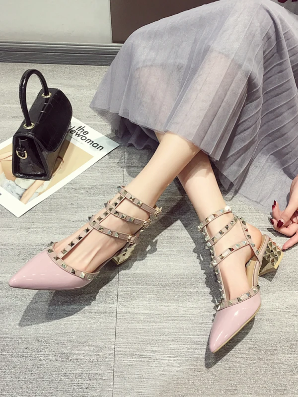 Fashion Beige Street Wear Rivet Womens Sandals 2020 Ankle Strap 4 cm Thick Heels Pointed Toe Low Heel Sandals