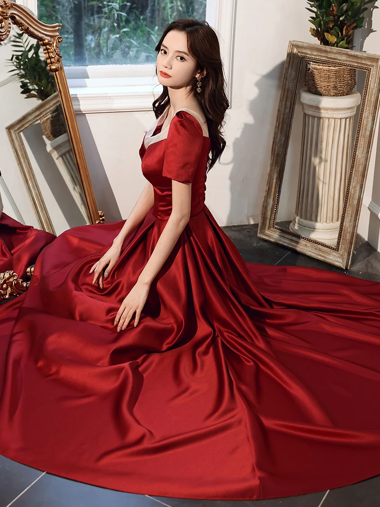 Elegant Burgundy Satin Evening Dresses 2021 A Line Princess Sash Scoop Neck  Short Sleeve Backless Tea Length Evening Party Formal Dresses