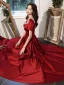 Elegant Burgundy Satin Evening Dresses  2021 A-Line / Princess Sash Scoop Neck Short Sleeve Backless Tea-length Evening Party Formal Dresses
