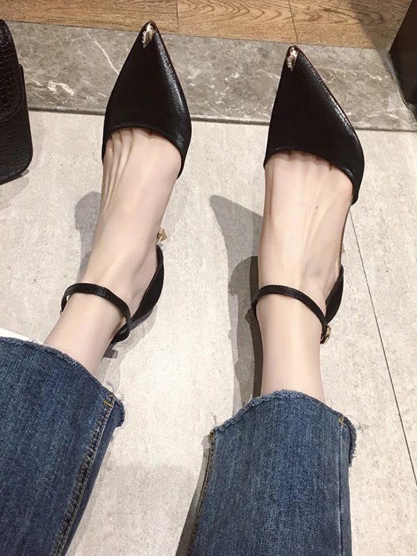 Simple Noire Désinvolte Daim Chaussures Femmes 2020 Bride Cheville 6 cm Talons Aiguilles À Bout Pointu Talons