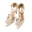 Charming Nude Evening Party Womens Shoes 2020 Satin T-Strap Pearl Rhinestone Bow 10 cm Stiletto Heels Pointed Toe Heels
