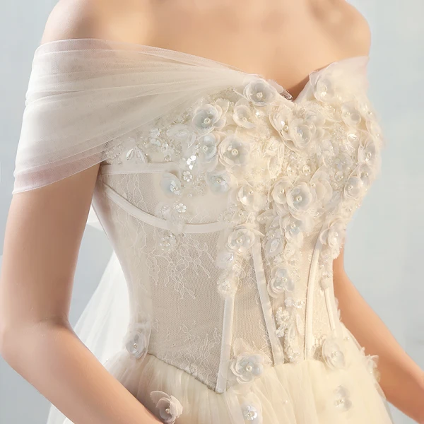 Schöne Ivory / Creme Brautkleider 2018 A Linie Mit Spitze Applikationen Perle Schleife Off Shoulder Rückenfreies Lange Hochzeit