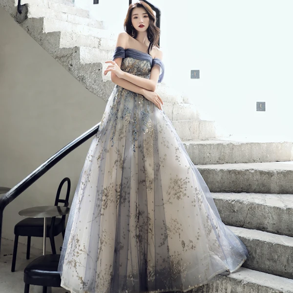 Elegante Meeresblau Abendkleider 2021 A Linie Off Shoulder Perlenstickerei Pailletten Ärmellos Rückenfreies Lange Festliche Kleider