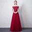 Chic / Beautiful Burgundy Prom Dresses 2018 A-Line / Princess Lace Appliques Beading Off-The-Shoulder Backless Sleeveless Floor-Length / Long Formal Dresses