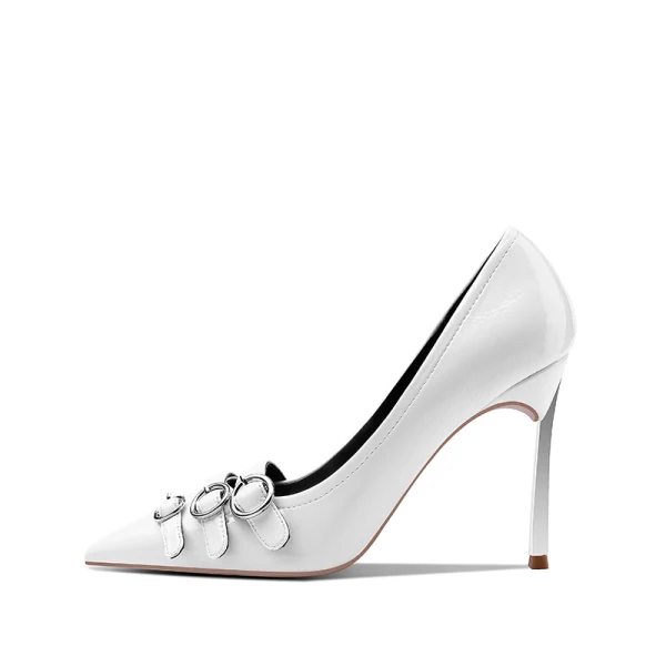 Schöne Ivory / Creme Strassenmode Pumps 2020 Lackleder 10 cm Stilettos Spitzschuh Pumps