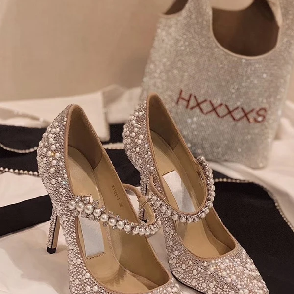 Sparkly Sølv Paljetter Brudesko 2020 Lær Perle 9 cm Stiletthæler Spisse Bryllup Pumps