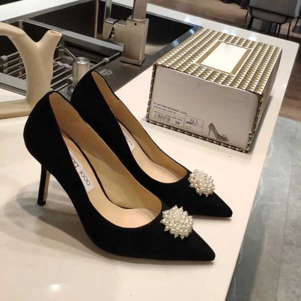 Chic Noire Bureau OL Escarpins 2020 Perle 9 cm Talons Aiguilles À Bout Pointu Escarpins