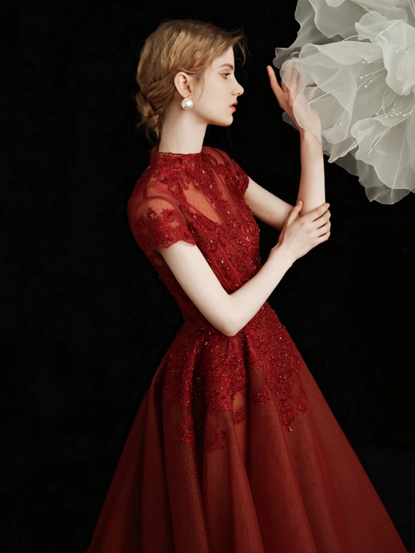 Chinese style Burgundy Prom Dresses 2021 A-Line / Princess High Neck Beading Crystal Rhinestone Lace Flower Short Sleeve Tea-length Formal Dresses