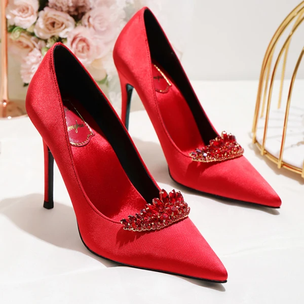Classy Ivory Satin Rhinestone Wedding Shoes 2020 10 cm Stiletto Heels Pointed Toe Wedding Pumps