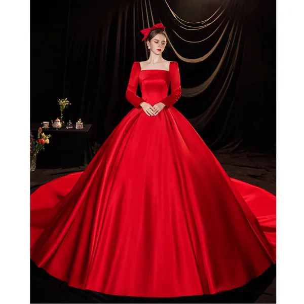 Chic / Beautiful Red Satin Wedding Dresses 2021 Ball Gown Square ...