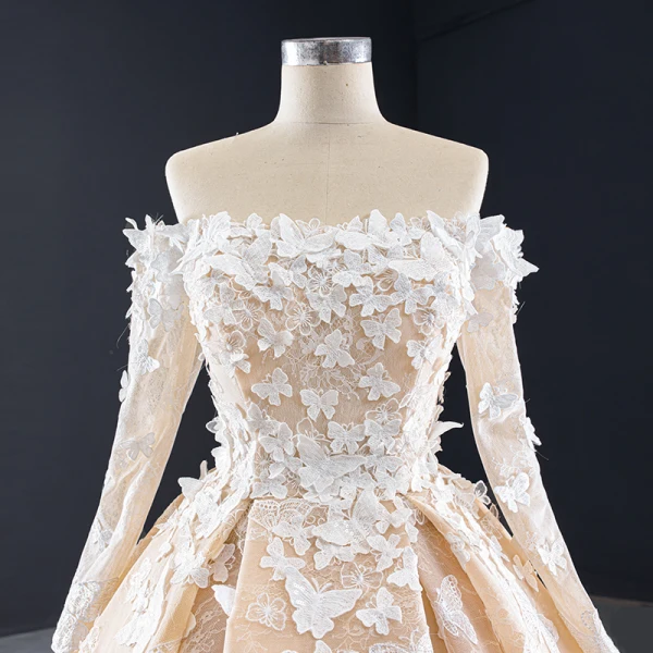 Luxury / Gorgeous Champagne Lace Butterfly Wedding Dresses 2020 A-Line / Princess Off-The-Shoulder Long Sleeve Backless Chapel Train