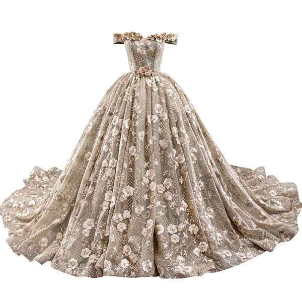 High-end Khaki Prom Dresses 2023 Ball Gown Off-The-Shoulder Handmade Beading Pearl Sequins Lace Flower Sleeveless Backless Royal Train