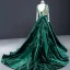 Haut de Gamme Vert Foncé Daim Robe De Soirée 2023 Trompette / Sirène Col Haut Fait main Perlage Paillettes En Dentelle Manches Longues Dos Nu Watteau Train Robe De Ceremonie
