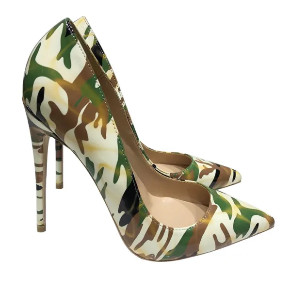 Unieke Multi-Kleuren camouflage Straatkleding Pumps 2020 Lakleer 12 cm Naaldhakken / Stiletto Spitse Neus Pumps