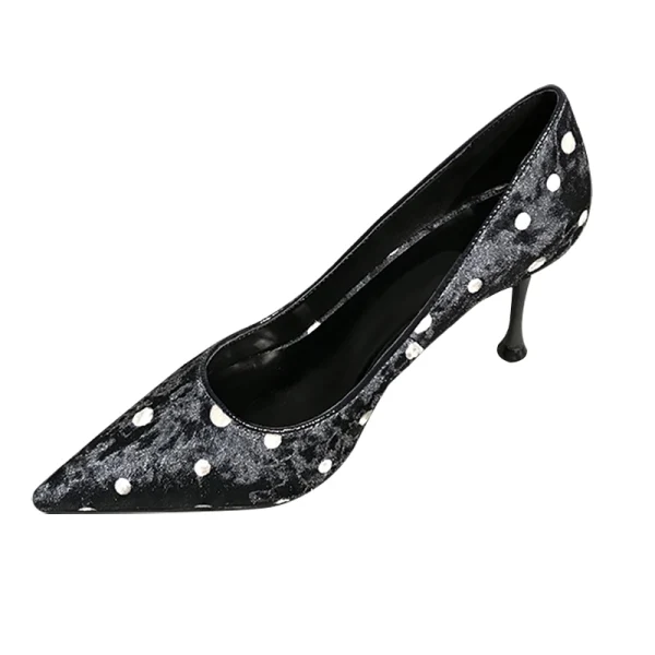 Fashion Black Street Wear Spotted Pumps 2020 Leather Suede 7 cm Stiletto Heels Pointed Toe Pumps