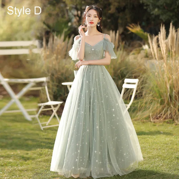 Fashion Sage Green Star Bridesmaid Dresses 2021 A-Line / Princess Scoop Neck Short Sleeve Backless Floor-Length / Long Bridesmaid Wedding Party Dresses