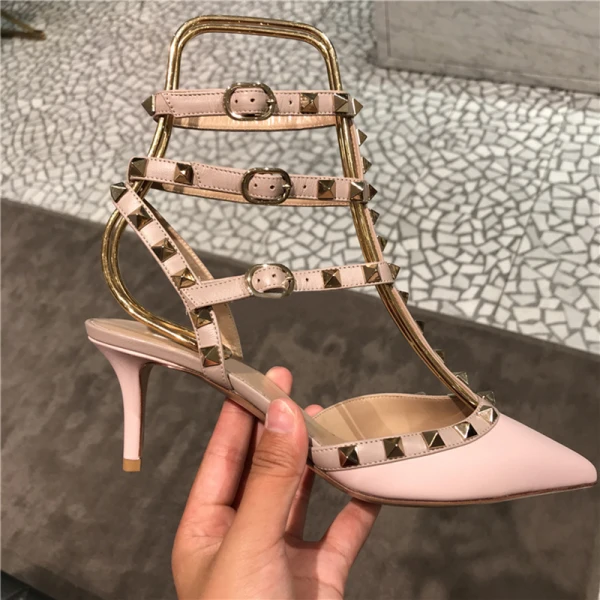 Sexy Black Street Wear Leather Womens Sandals 2020 Rivet 6 cm Stiletto Heels Pointed Toe Sandals