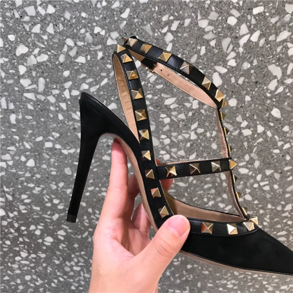 Schöne Schwarz Abend Niet Sandalen Damen 2020 8 cm Stilettos Spitzschuh Sandaletten