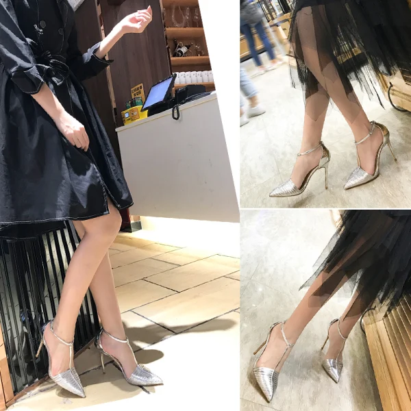 Chic / Beautiful Silver Evening Party Leather Womens Shoes 2020 Patent Leather T-Strap 10 cm Stiletto Heels Pointed Toe Heels