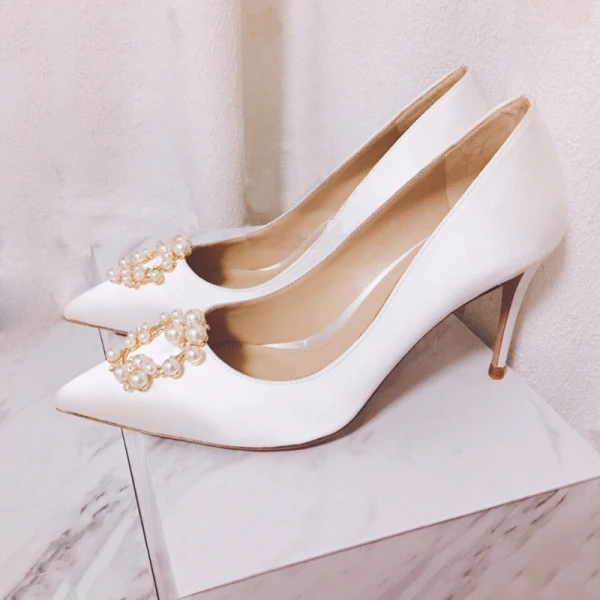 Charming Red Satin Wedding Shoes 2020 Pearl Rhinestone 8 cm Stiletto Heels Pointed Toe Wedding Pumps