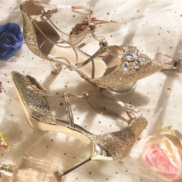 Scintillantes Charmant Argenté Cristal Chaussure De Mariée 2020 T-Strap Paillettes 8 cm Talons Aiguilles À Bout Pointu Mariage Escarpins