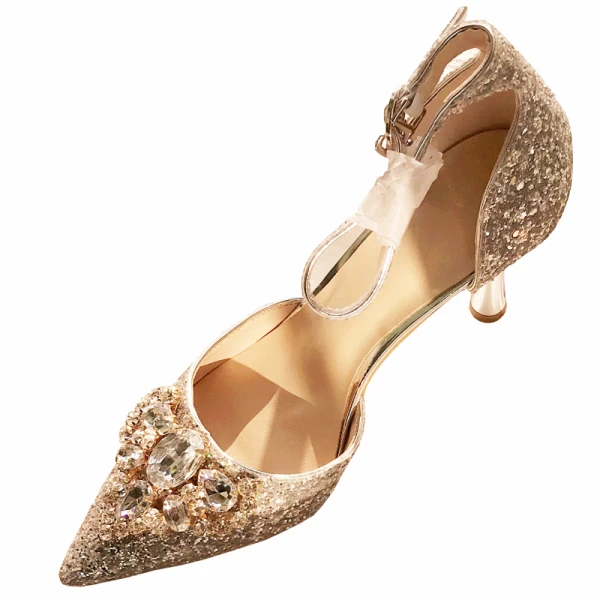 Scintillantes Argenté Cristal Chaussure De Mariée 2020 Bride Cheville Faux Diamant Paillettes 8 cm Talons Aiguilles À Bout Pointu Mariage Talons